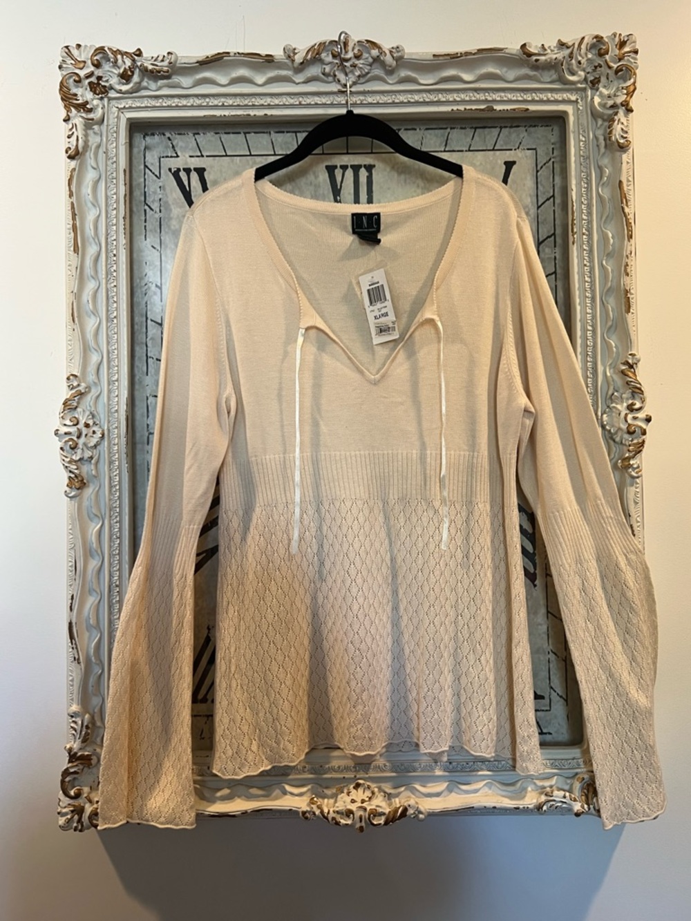 INC International Concepts Cream Knit V-Neck Lace-Hem Pullover Top